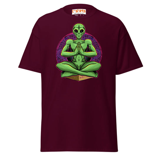 Meditating Alien T-Shirt | Cosmic Spiritual Tee - Maroon - T-Shirts Online