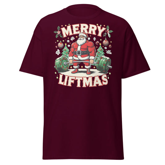 Merry Liftmas Funny Christmas Gym Santa T-Shirt - Maroon - T-Shirts Online
