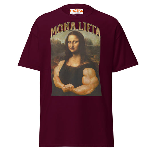 Mona Lifta T-Shirt | Funny Gym Parody Art Tee - Maroon - T-Shirts Online