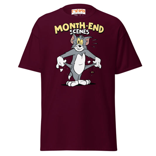 Month - End Scenes Funny Cartoon Cat T-Shirt for Adults - Maroon - T-Shirts Online
