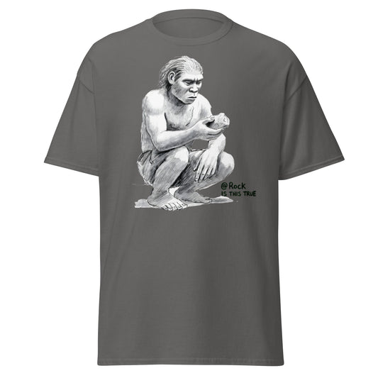 Neanderthal Asks Rock "Is This True?" Grok Parody Tee - Charcoal - T-Shirts Online