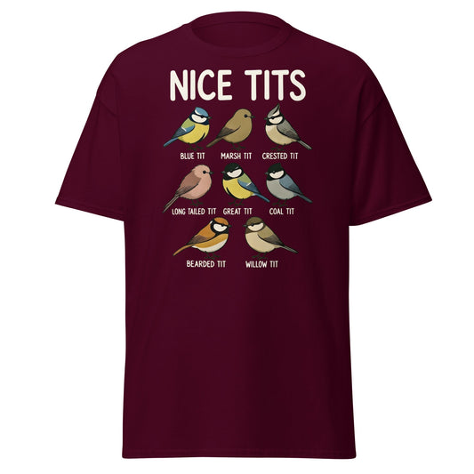 Nice Tits Shirt - Funny Bird Watching Pun Graphic Tee - Maroon - T-Shirts Online