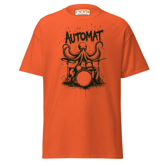 Octopus Drummer T-Shirt | Automat Band Ink Art Tee - Orange - T-Shirts Online