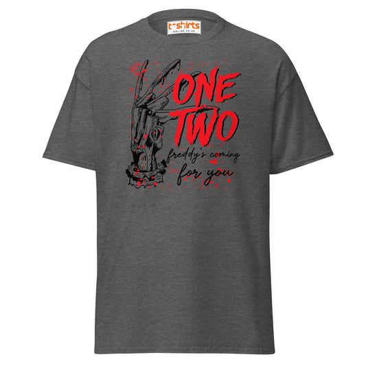 One Two Horror T-Shirt | Bloody Splatter Halloween Tee - Dark Heather - T-Shirts Online