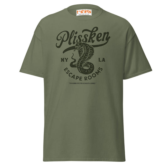 Plissken Escape Rooms T-Shirt | Retro Snake Design - Military Green - T-Shirts Online