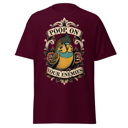 Poop On Your Enemies Budgie T-Shirt - Funny Bird Tattoo Tee - Maroon - T-Shirts Online