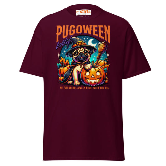 Pugoween Witch Halloween Pug T-Shirt - Maroon - T-Shirts Online