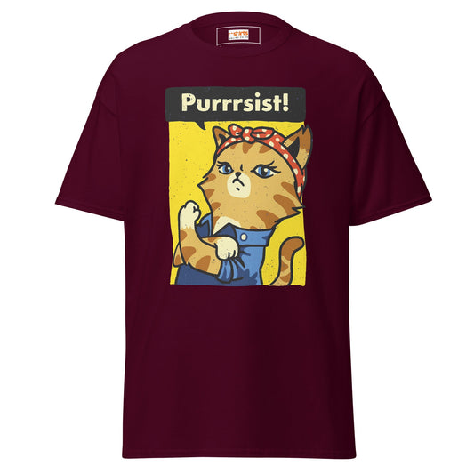Purrrsist T-Shirt | Fierce Cat Tee - Maroon - T-Shirts Online