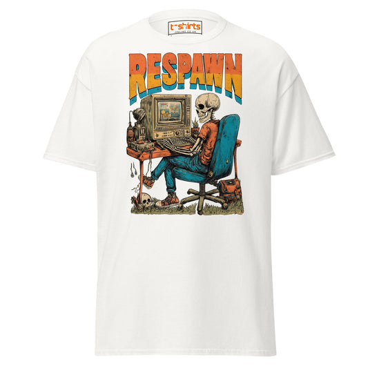Respawn T-Shirt | Funny Skeleton Gamer Retro Tee - White - T-Shirts Online