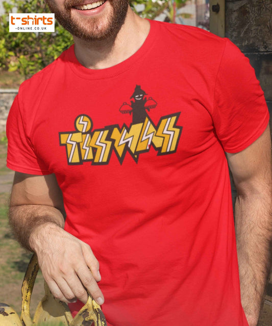 Person wearing a red t-shirt with a graphic design, standing outdoors.