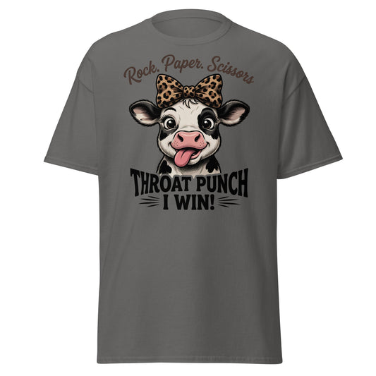 Rock Paper Scissors Throat Punch Cow T-Shirt Funny Tee - Charcoal - T-Shirts Online