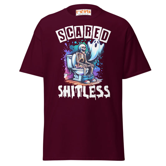 Scared Shitless T-Shirt | Funny Skeleton Ghost Tee - Maroon - T-Shirts Online