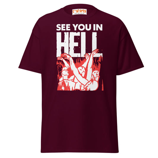 See You In Hell T-Shirt – Distressed Gothic Tee - Maroon - T-Shirts Online