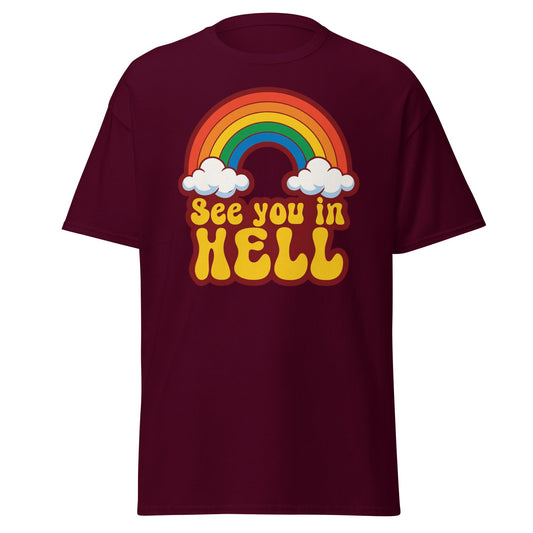 See You In Hell T-Shirt Retro Rainbow Graphic Tee - Maroon - T-Shirts Online