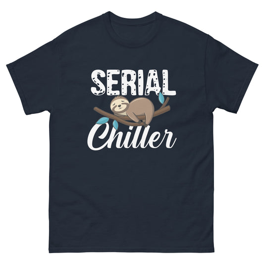 Navy blue t-shirt with “Serial Chiller” text and a cute sloth sleeping on a branch.