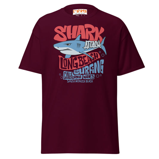 Shark Attack Surfing T-Shirt | Long Beach Tee - Maroon - T-Shirts Online