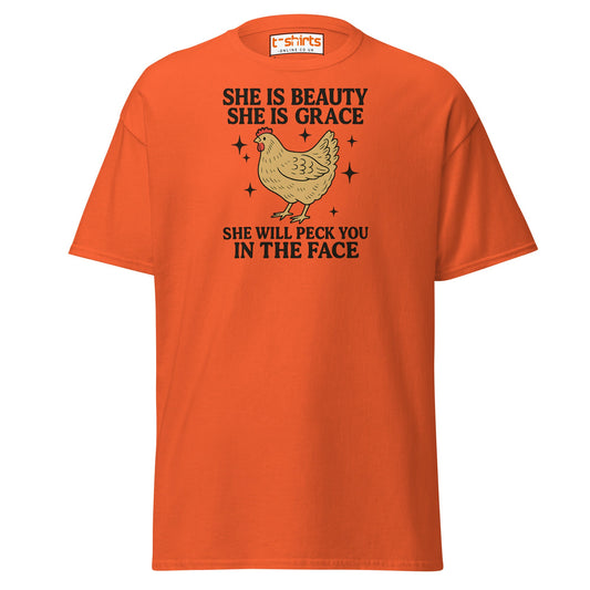 She Will Peck You T-Shirt – Funny Chicken Humor Tee - Orange - T-Shirts Online