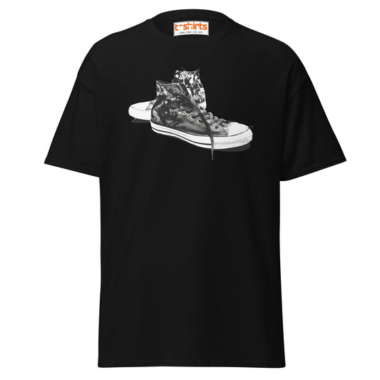 Sneaker Stencil T-Shirt | Retro High - Top Shoe Art Tee - Black - T-Shirts Online