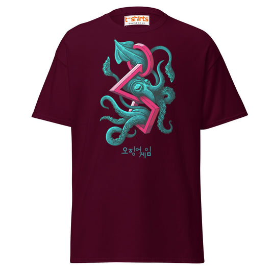 Squid Octopus Game T-Shirt – Cool Graphic Tee - Maroon - T-Shirts Online