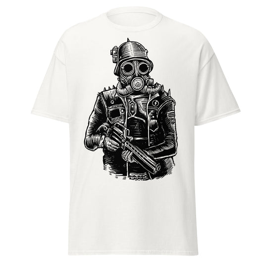 Steampunk Soldier Gas Mask Rifle T-Shirt - White - T-Shirts Online