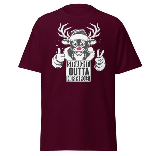 Straight Outta North Pole Reindeer T-Shirt | Funny Christmas - Maroon - T-Shirts Online