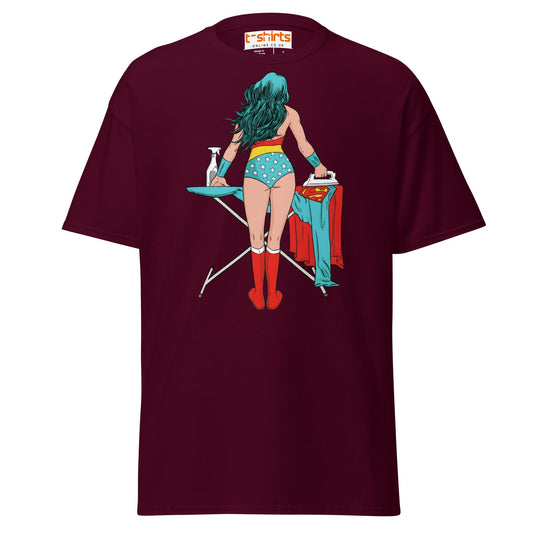 Superhero Ironing T-Shirt – Funny Retro Comic Tee - Maroon - T-Shirts Online