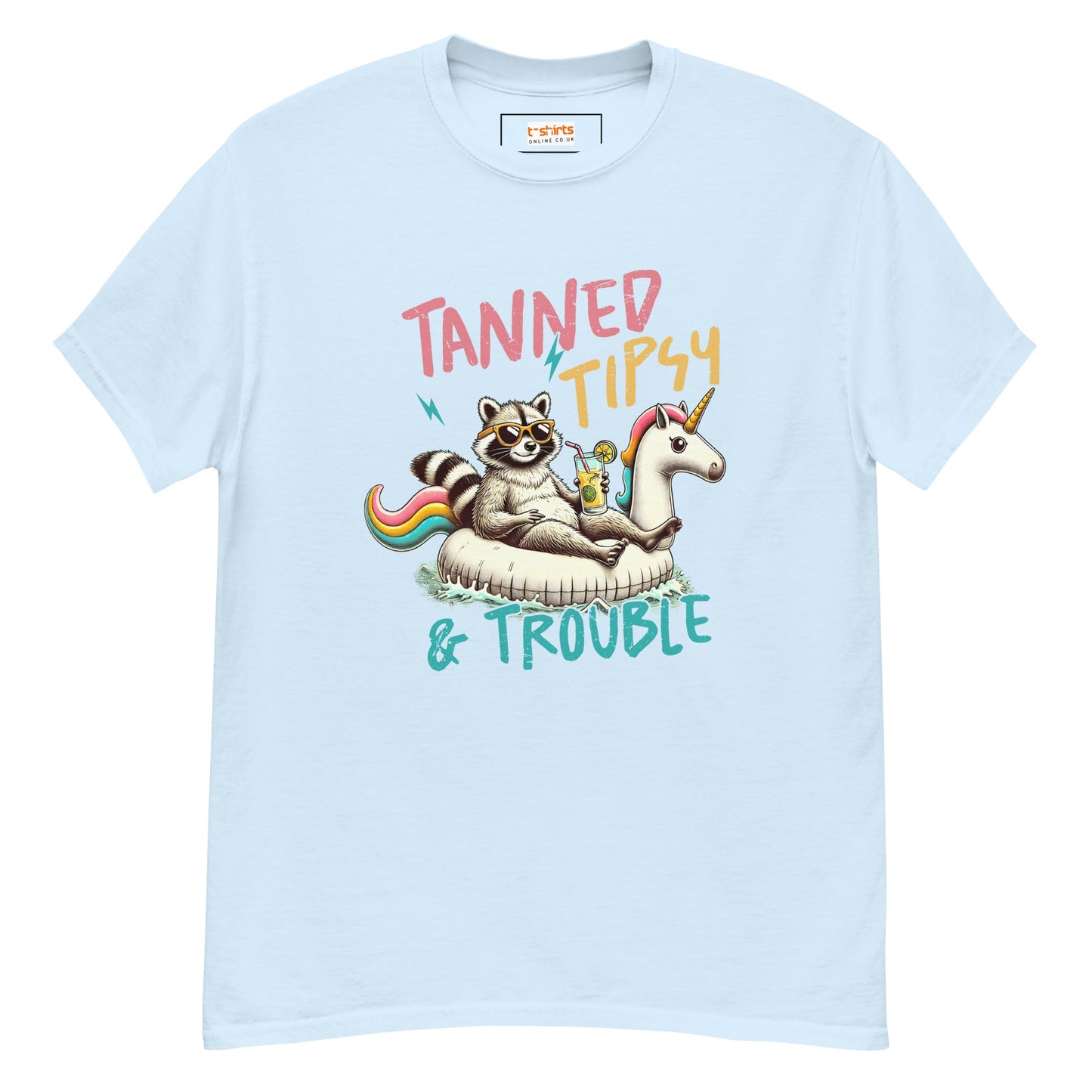 Tanned, Tipsy & Trouble | Raccoon T-Shirt - Light Blue - T-Shirts Online