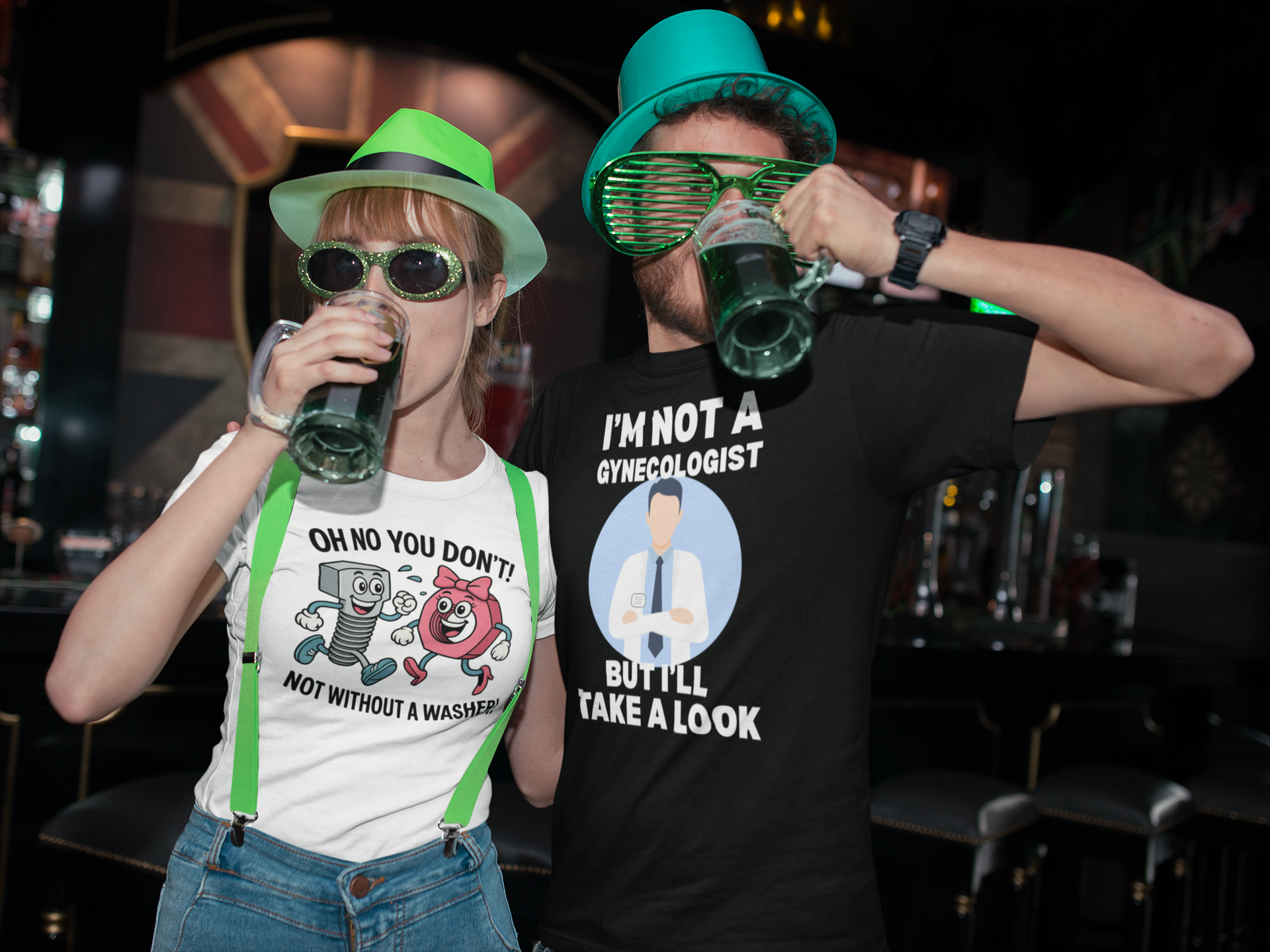 Two people at a bar, one in a white graphic tee with green suspenders, the other in a black tee and green hat, both drinking.