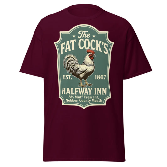 The Fat Cock's Halfway Inn Funny Irish Pub T-Shirt - Maroon - T-Shirts Online
