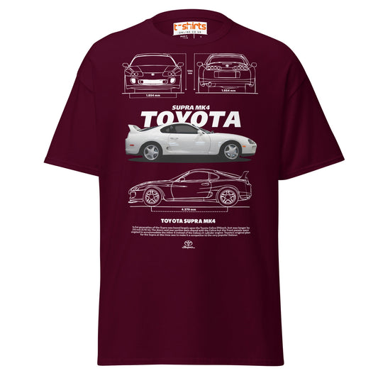 Toyota Supra MK4 T-Shirt – Classic JDM Car Blueprint Tee - Maroon - T-Shirts Online
