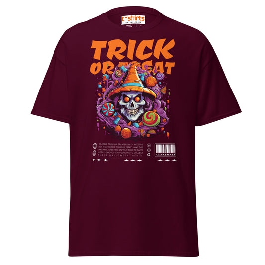 Trick or Treat Skull Halloween T-Shirt - Maroon - T-Shirts Online