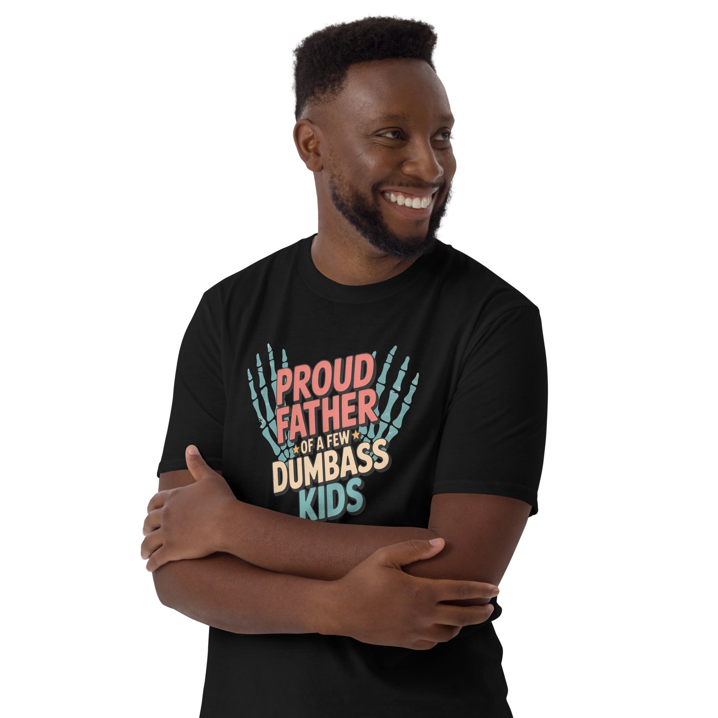 t-shirt with colorful text and skeleton hands design worn by a person.