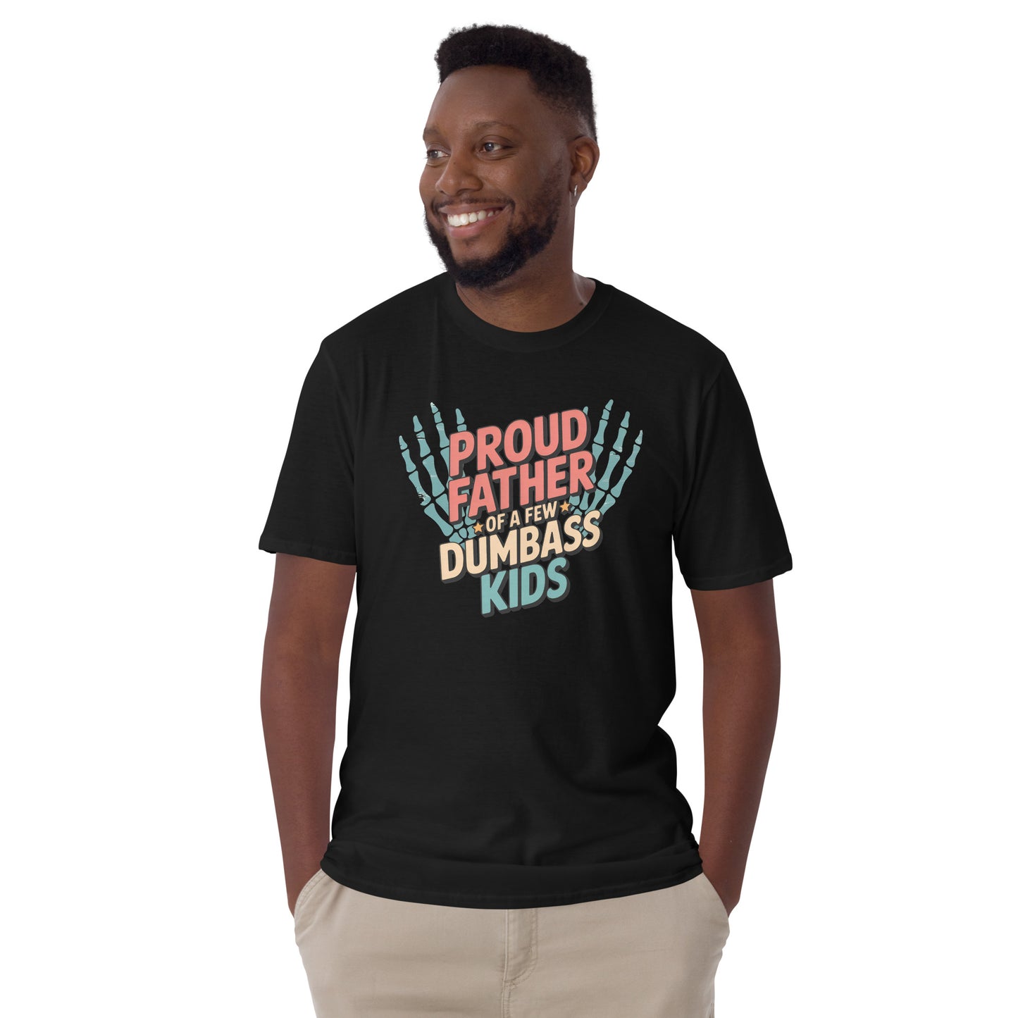 black t-shirt with colorful text and skeleton hands design worn by a person.