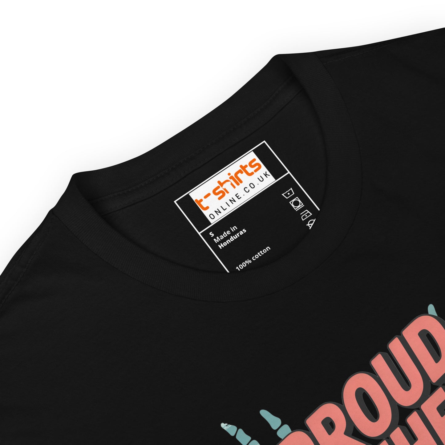 t-shirt with colorful text and skeleton hands design worn by a person.