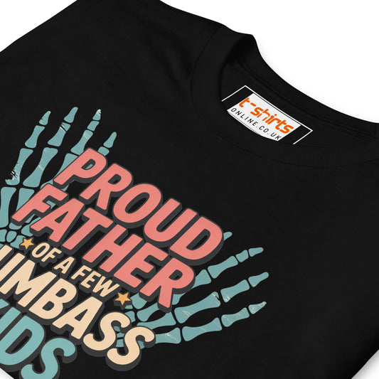 Black t-shirt with colorful text and skeleton hands design, brand 't-shirts online co' visible.