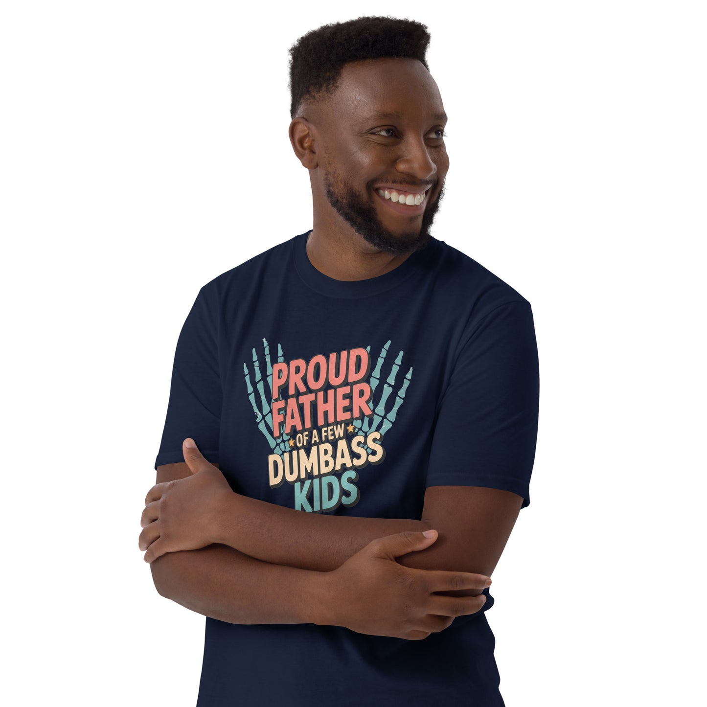 navy t-shirt with colorful text and skeleton hands design worn by a person.