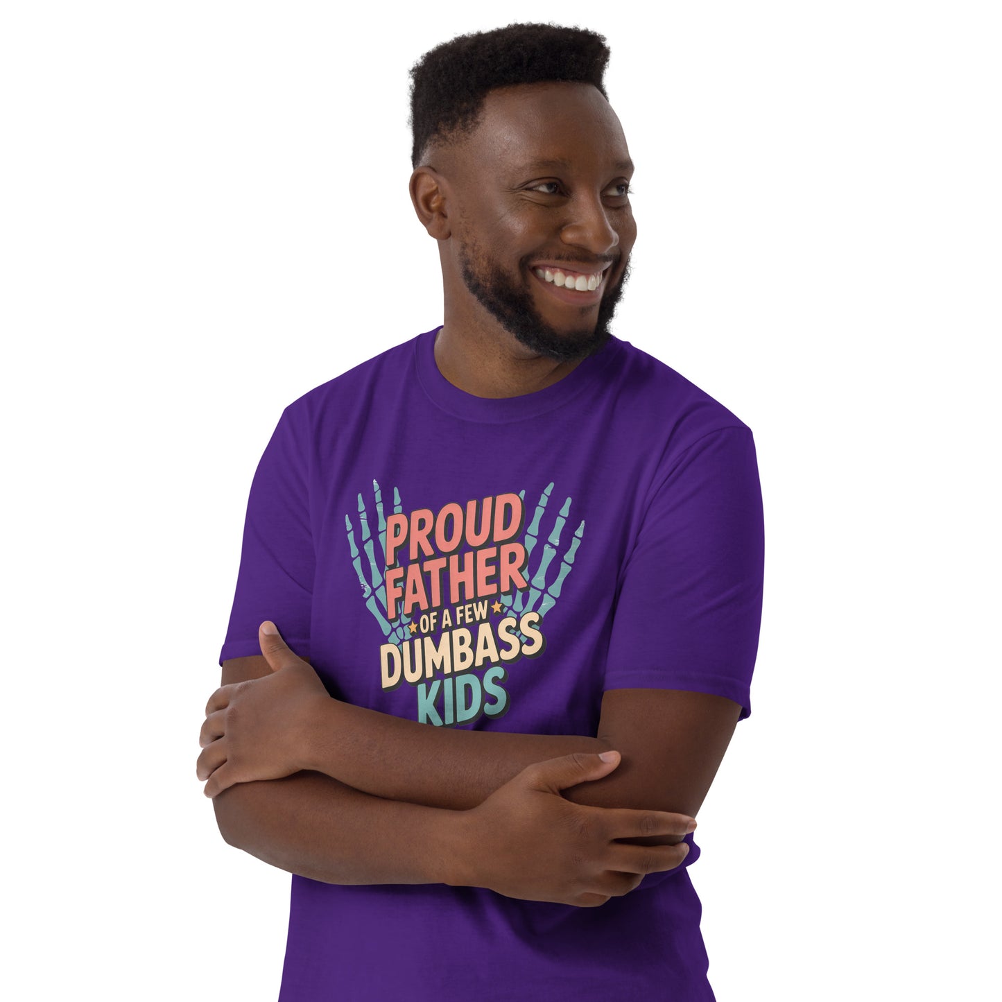 t-shirt with colorful text and skeleton hands design worn by a person.
