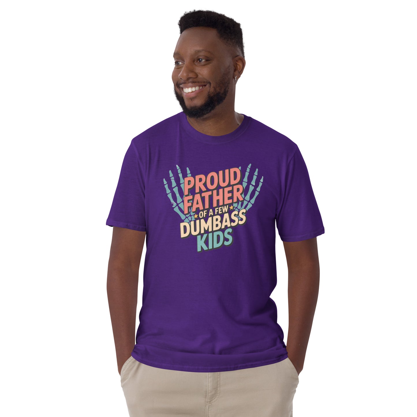 t-shirt with colorful text and skeleton hands design worn by a person.