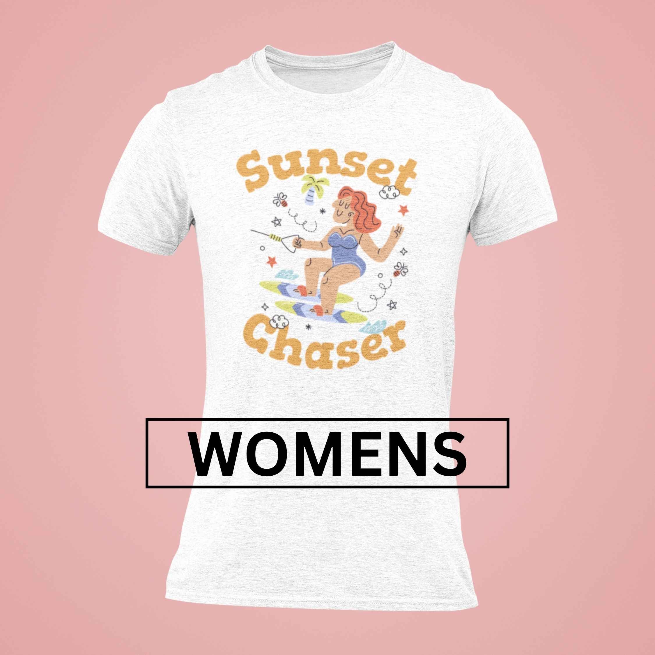 White t-shirt with 'Sunset Chaser' design on a pink background