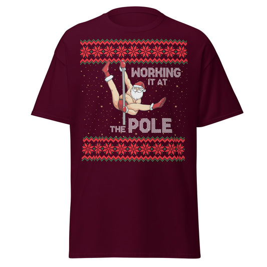 Working The Pole Funny Adult Christmas Sweater T-Shirt - Maroon - T-Shirts Online