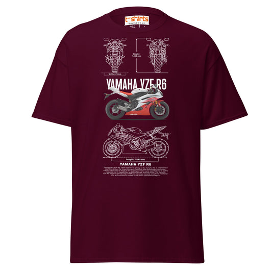 Yamaha YZF R6 T-Shirt | Sportbike Blueprint Design - Maroon - T-Shirts Online