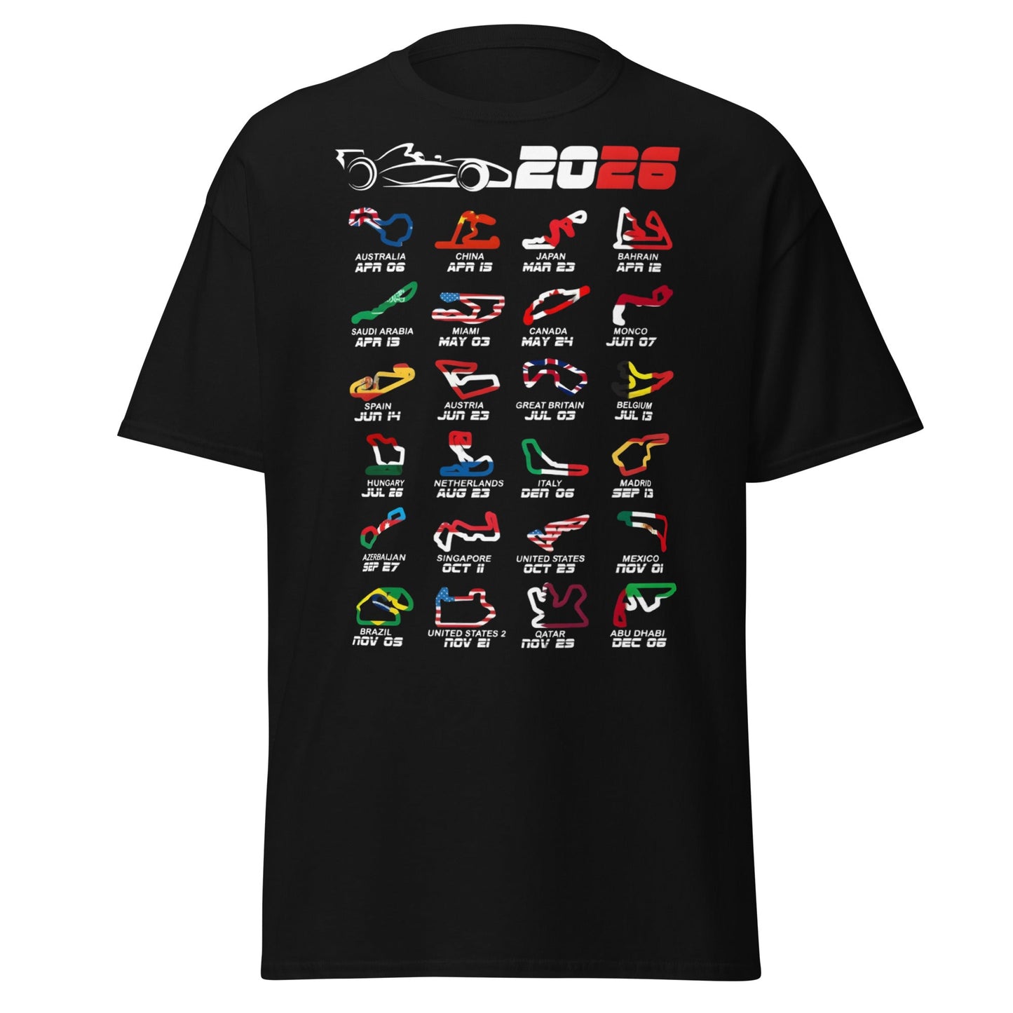2026 F1 Race Calendar T-Shirt - Global Circuit Schedule Tee - Black - T-Shirts Online