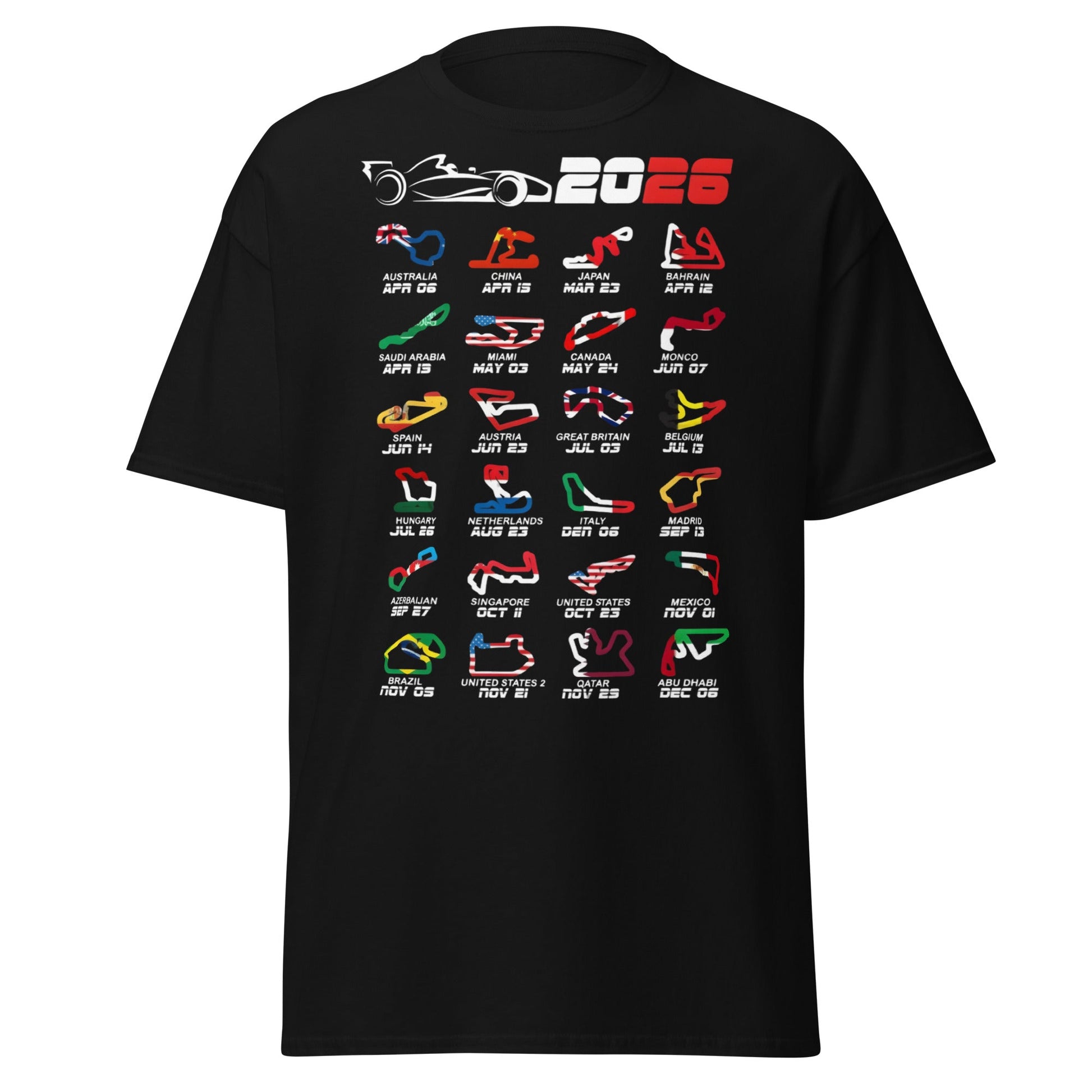 2026 F1 Race Calendar T-Shirt - Global Circuit Schedule Tee - Black - T-Shirts Online