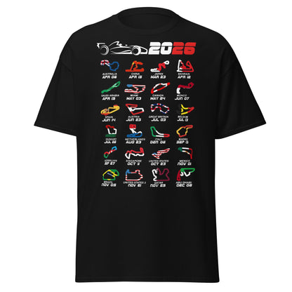 2026 F1 Race Calendar T-Shirt - Global Circuit Schedule Tee - Black - T-Shirts Online