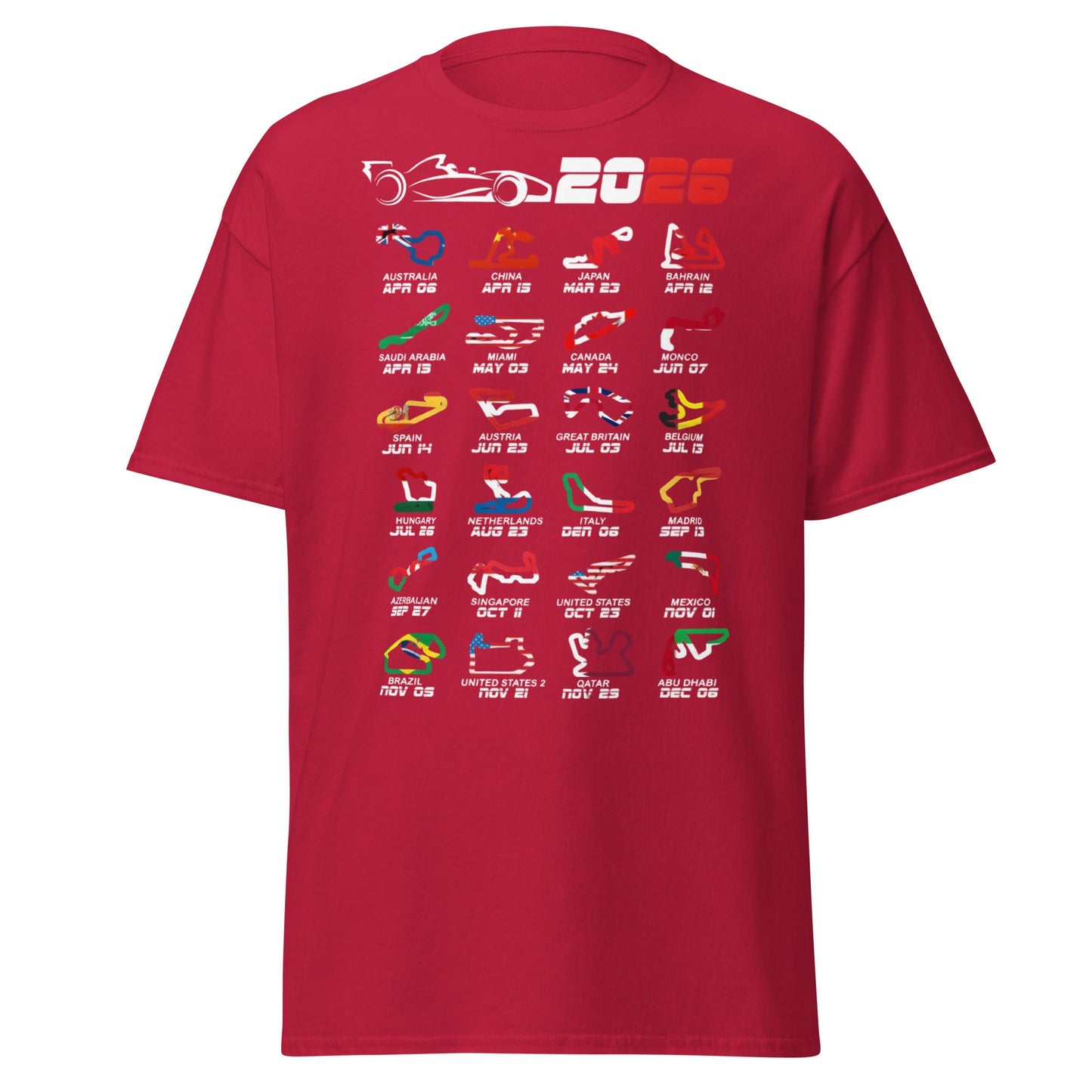 2026 F1 Race Calendar T-Shirt - Global Circuit Schedule Tee - Cardinal - T-Shirts Online