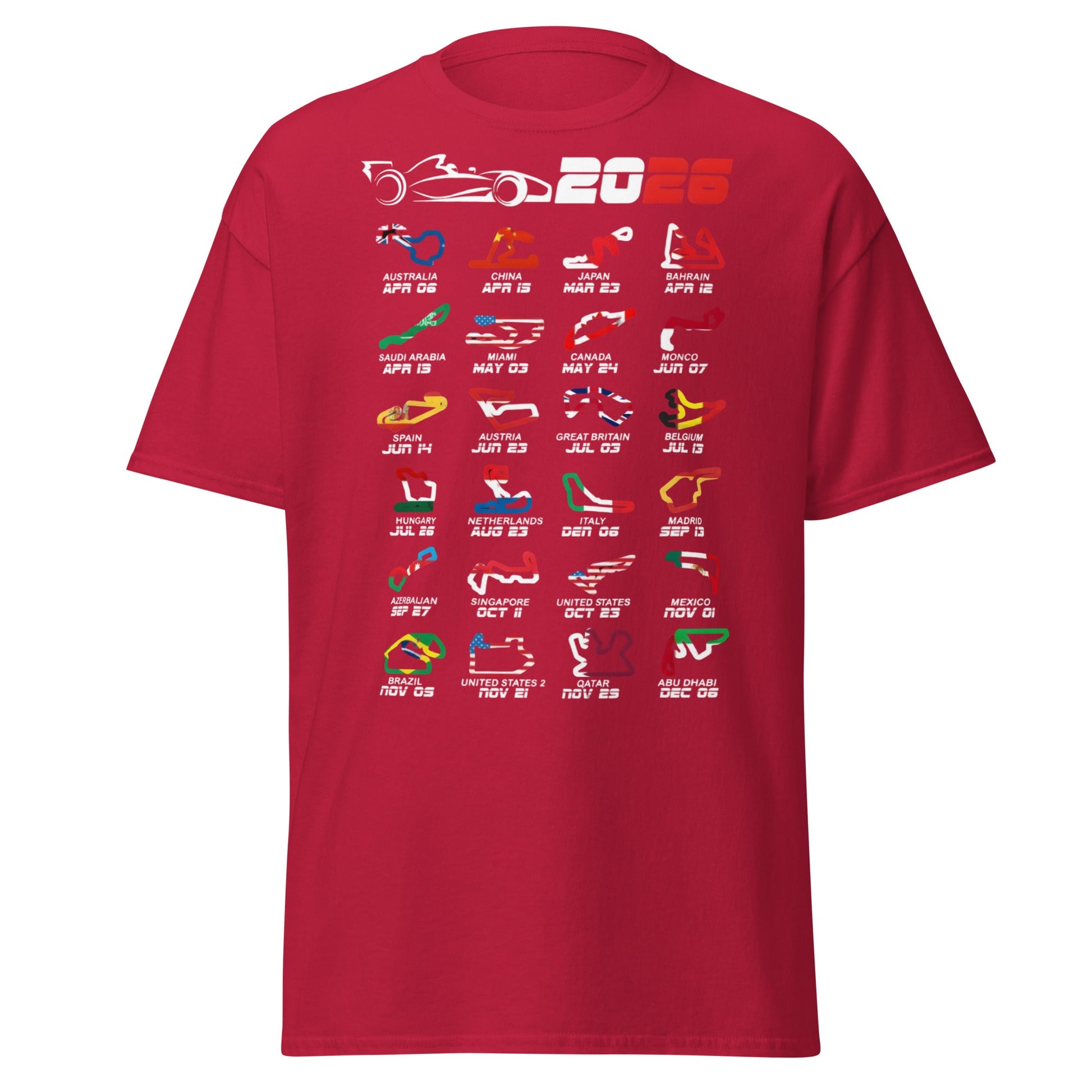 2026 F1 Race Calendar T-Shirt - Global Circuit Schedule Tee - Cardinal - T-Shirts Online