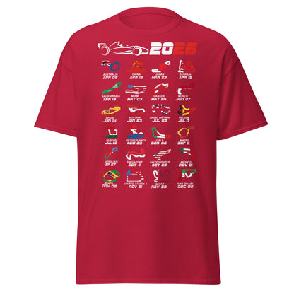 2026 F1 Race Calendar T-Shirt - Global Circuit Schedule Tee - Cardinal - T-Shirts Online