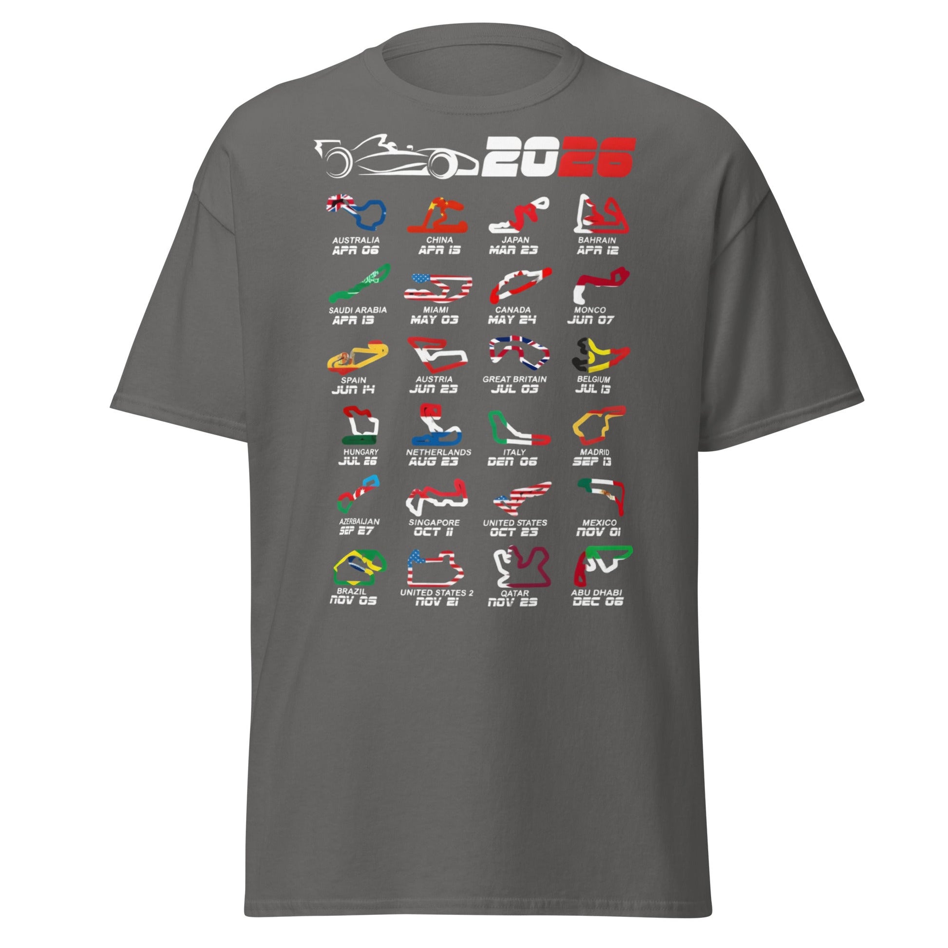 2026 F1 Race Calendar T-Shirt - Global Circuit Schedule Tee - Charcoal - T-Shirts Online
