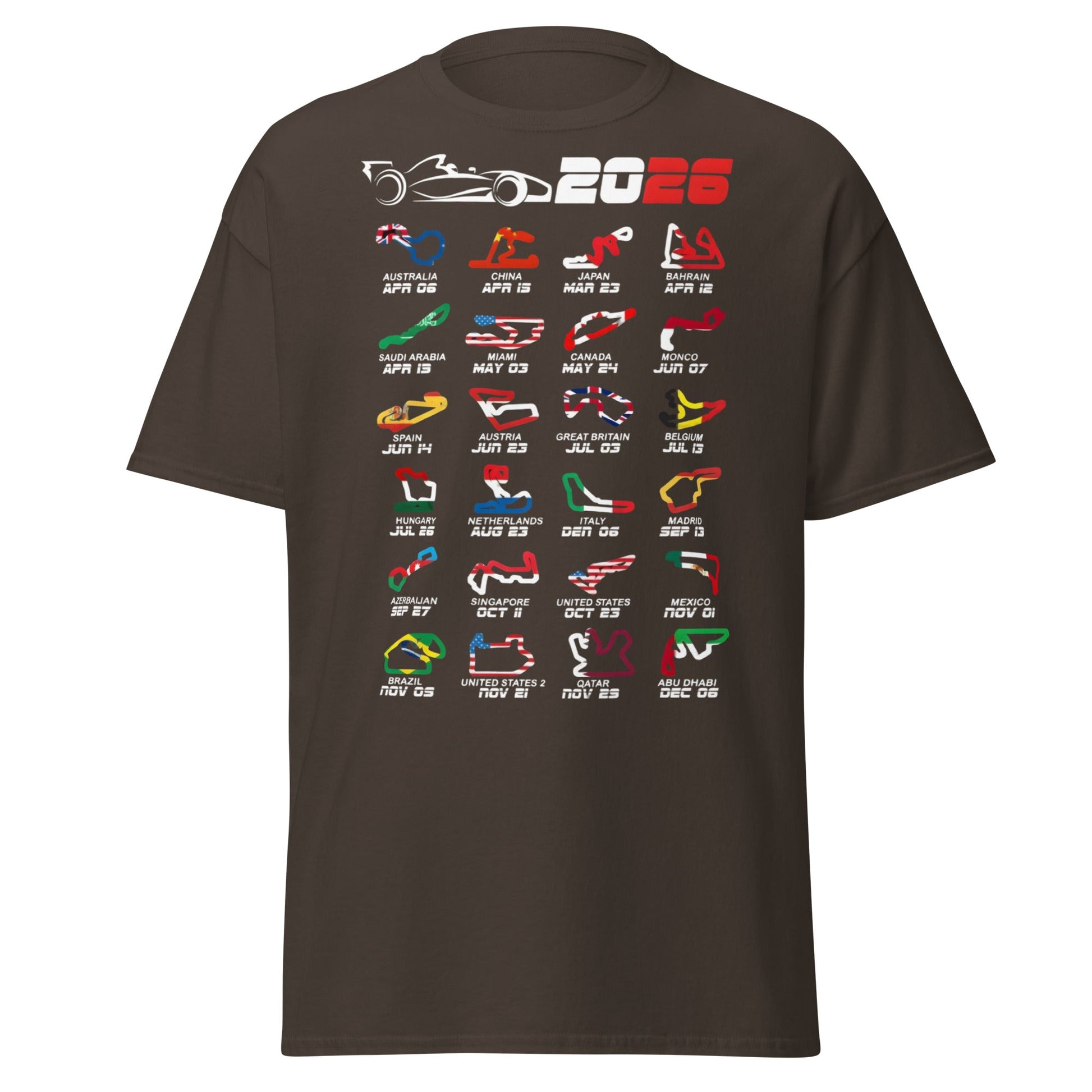 2026 F1 Race Calendar T-Shirt - Global Circuit Schedule Tee - Dark Chocolate - T-Shirts Online