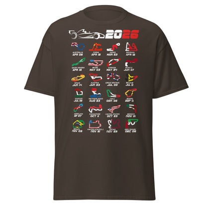 2026 F1 Race Calendar T-Shirt - Global Circuit Schedule Tee - Dark Chocolate - T-Shirts Online